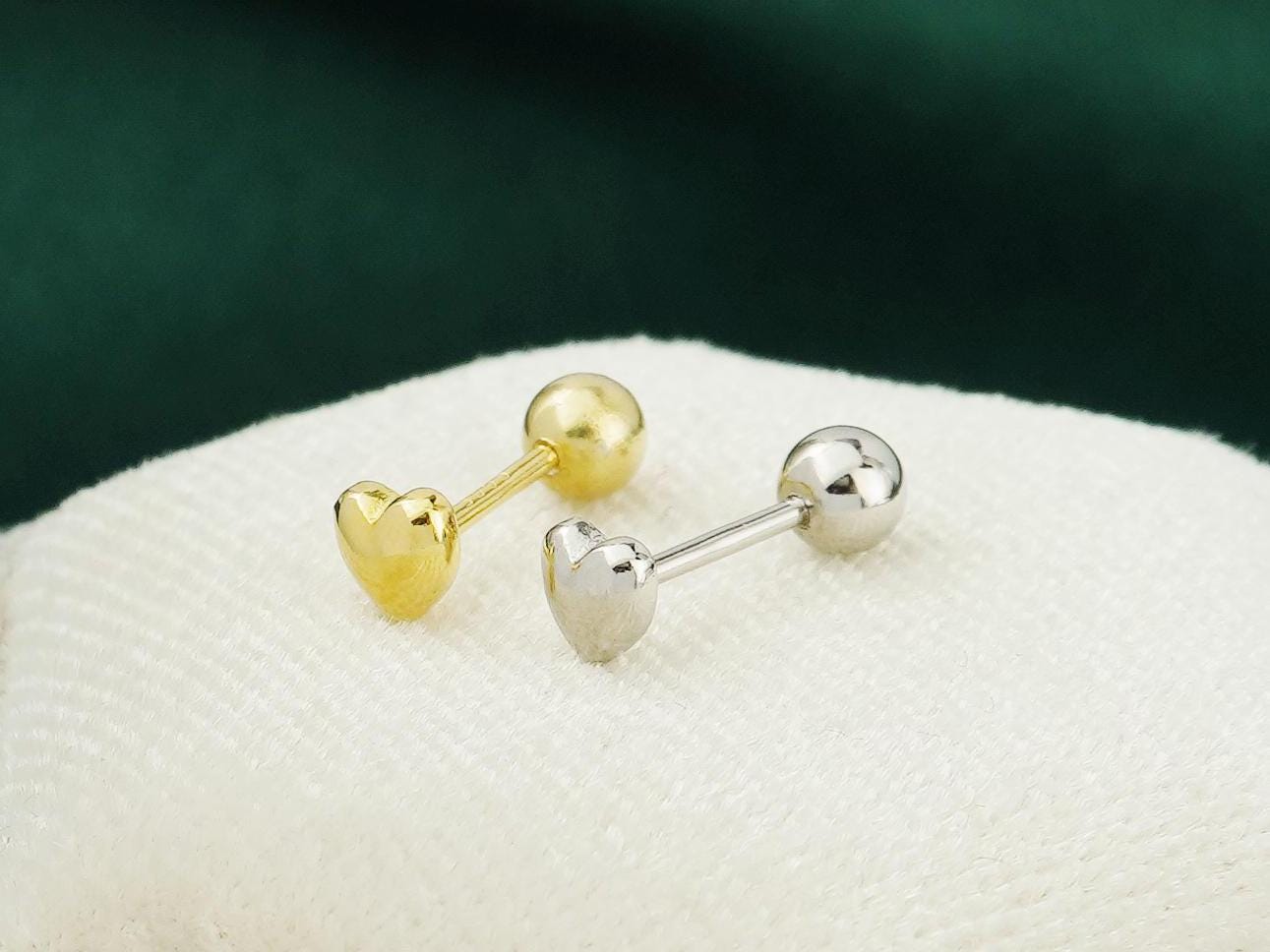 Pair of Tiny Love Heart Stud Earrings in Sterling Silver or 18ct Gold Plated, Sleep-in Ball Screw Back, Dainty Stacking 3/4/5mm Jewelry