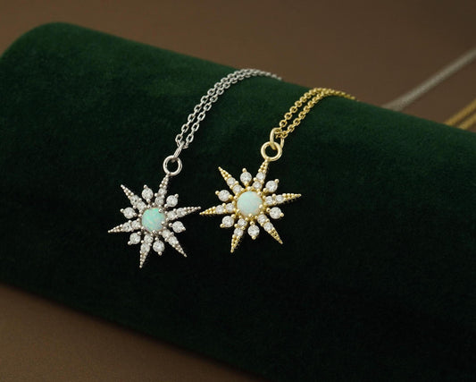 Sterling Silver Fire Opal Sun Pendant Necklace in Rhodium or 14ct Gold Plated, 40+5cm Cable Chain, Celestial Sunburst Starburst