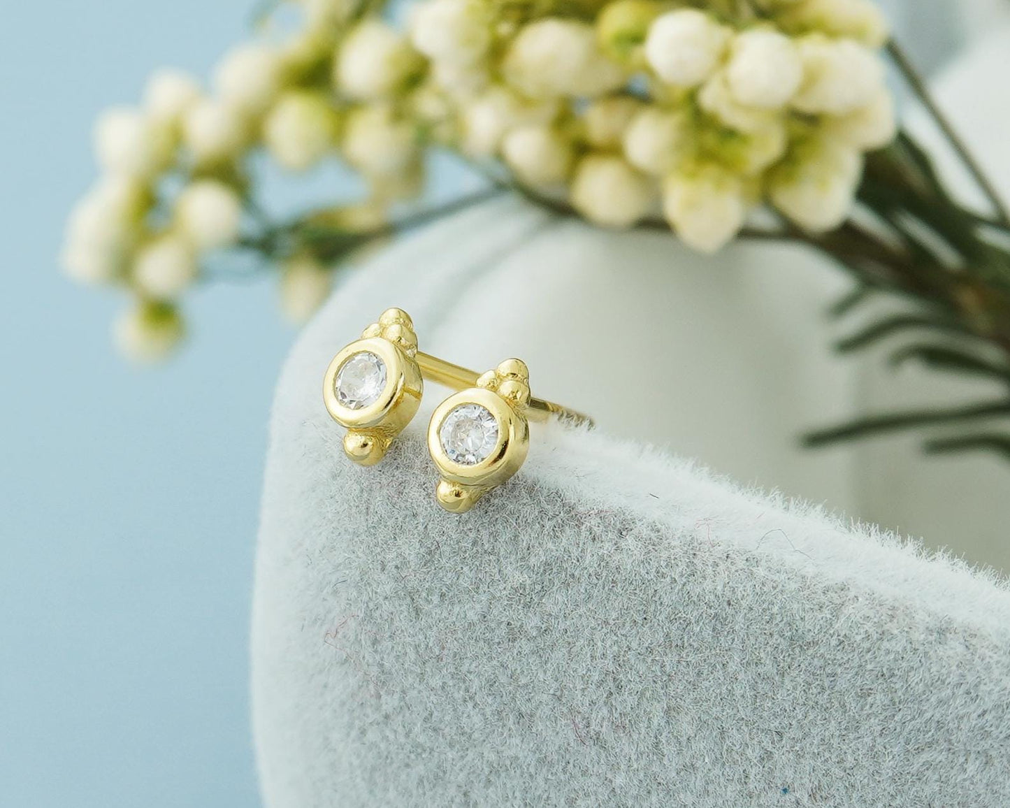 Pair of VERY TINY Sterling Silver CZ Bezel Stud Earrings in Rhodium or 18ct Gold Plated