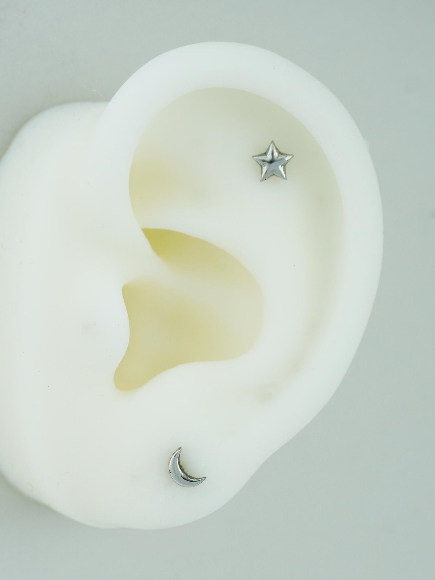 Pair of Mismatched Stainless Steel Star & Crescent Moon Stud Earrings in Steel or Golden, Flat Screw Back, 16G 6mm or 8mm post