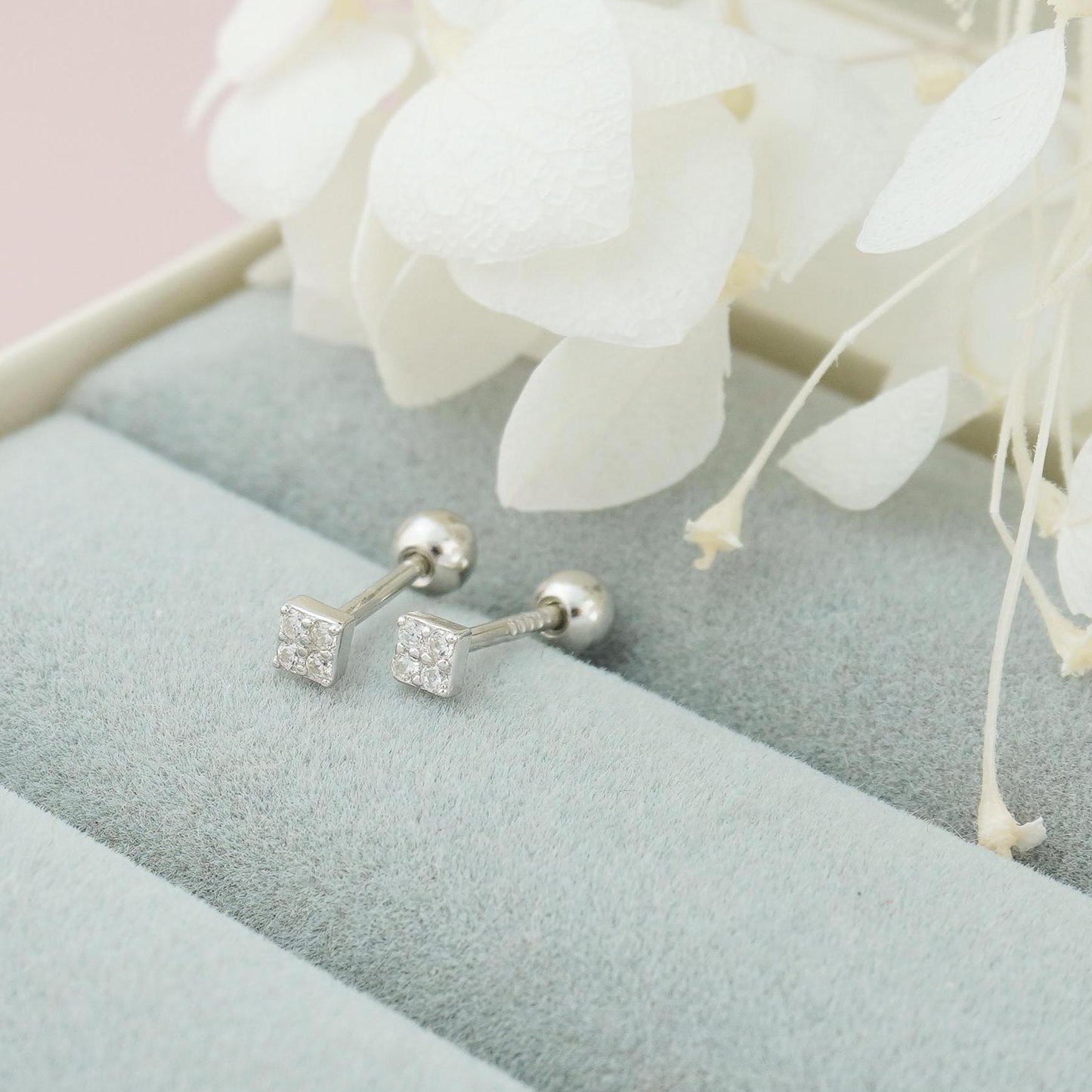 Pair of Sterling Silver Stud Earrings in Rhodium or Gold Plated, VERY TINY Square with Sparkly CZ Crystal Stones