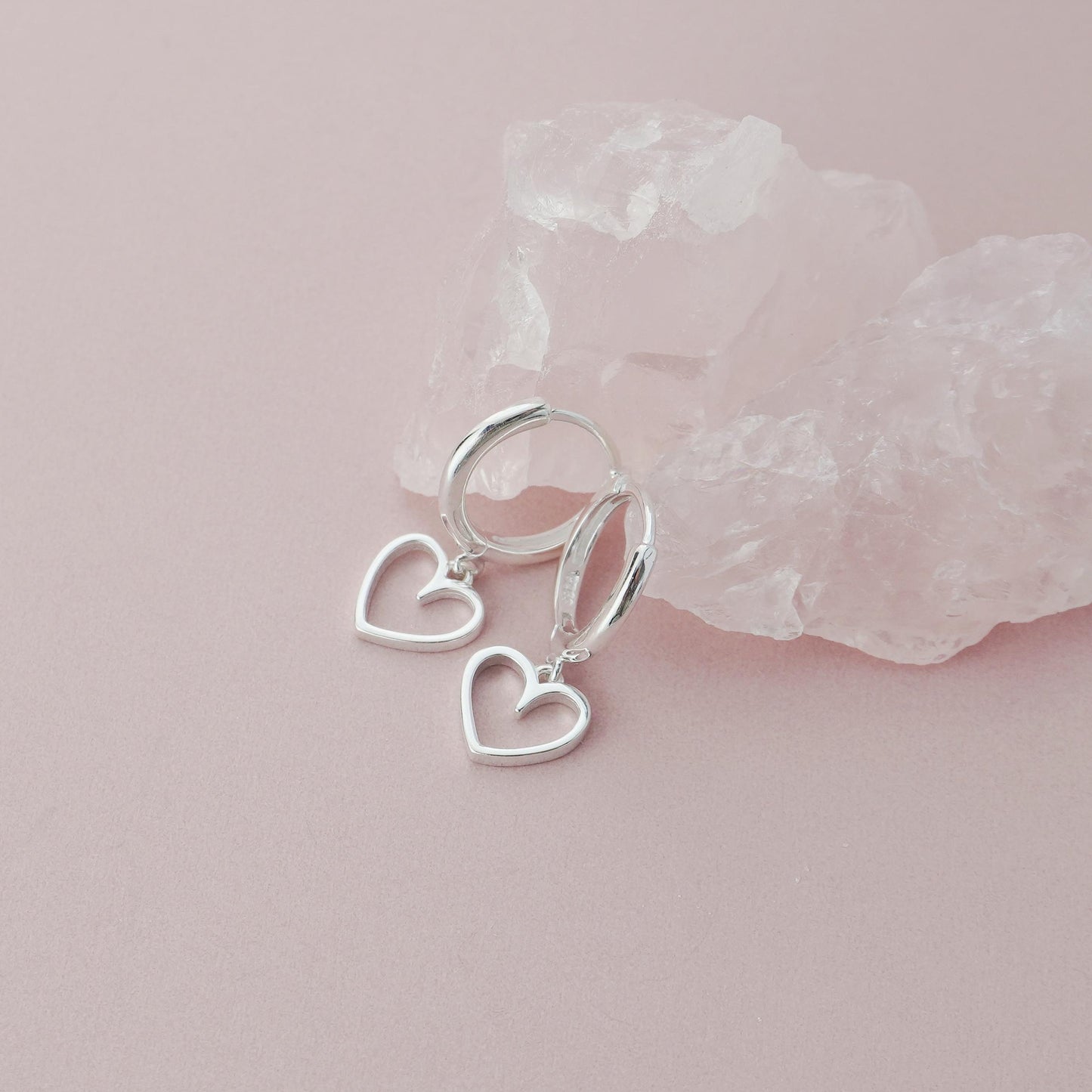 Pair of Sterling Silver Open Heart Dangly Charm Huggie Hoop Earrings