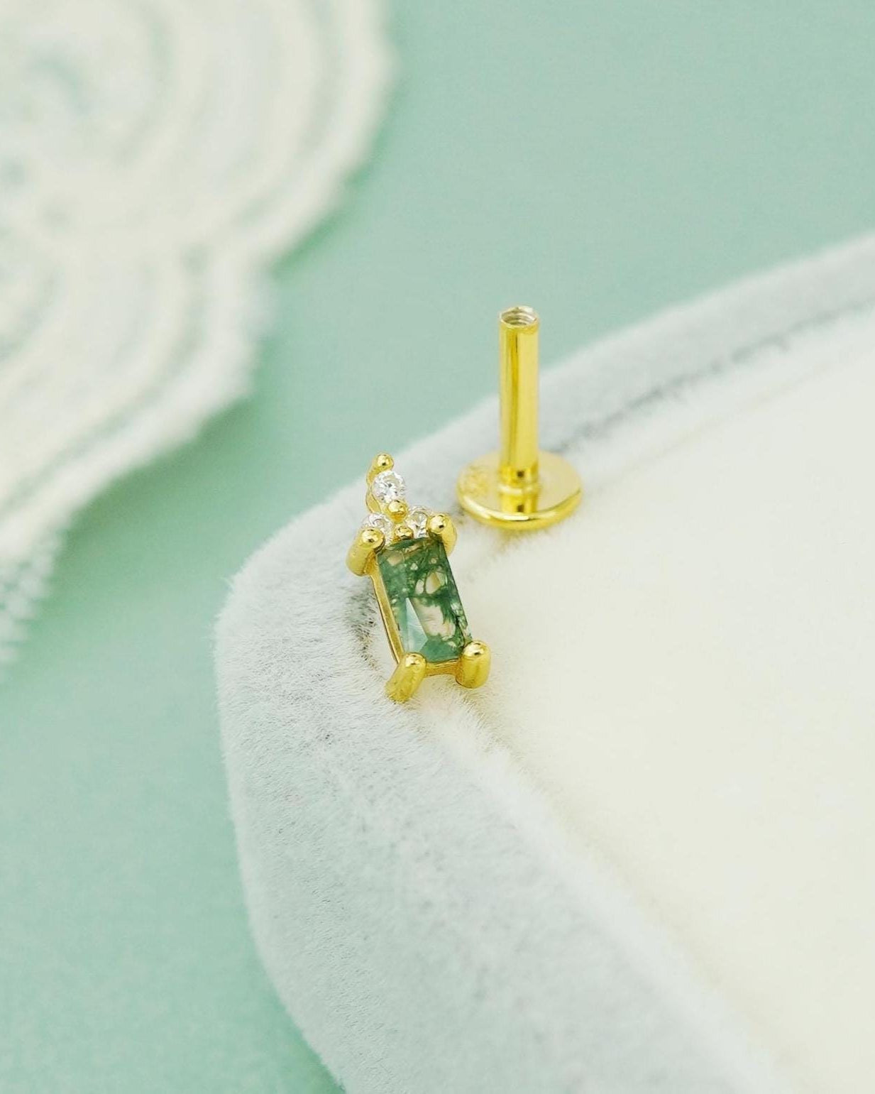 1 pc of Natural Green Moss Agate Baguette & CZ Flat Back Stud Earring in Gold Plated over Sterling Silver