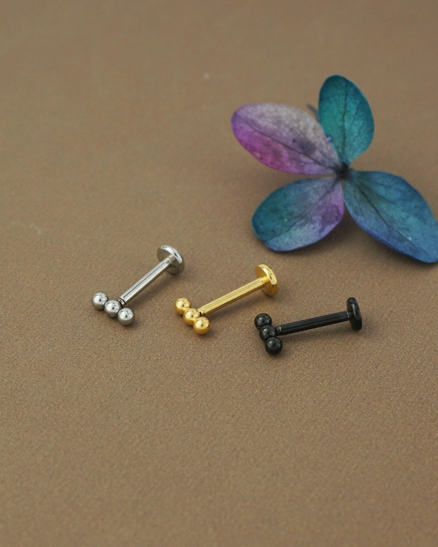 1 pc of Triple Ball Stainless Steel Push Pin Flat Back Stud Earring in Steel, Golden or Black Finish