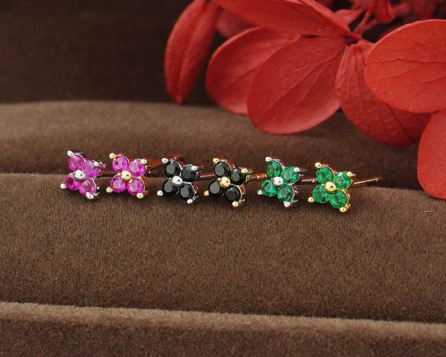 Pair of Tiny Quartet CZ Stud Earrings in Sterling Silver / Gold, Sparkly Hydrangea Flower in Emerald, Onyx, Ruby