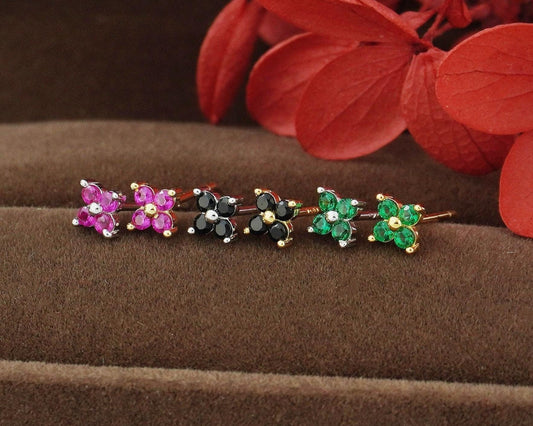 Pair of Tiny Quartet CZ Stud Earrings in Sterling Silver / Gold, Sparkly Hydrangea Flower in Emerald, Onyx, Ruby