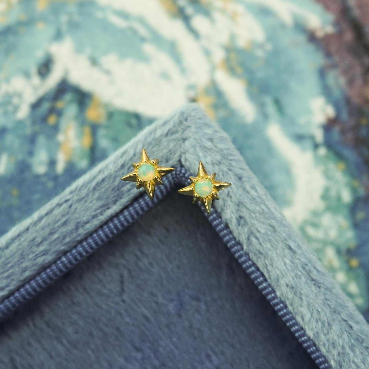 Pair of Starburst Stud Earrings in Sterling Silver or Plated Gold, Celestial Design with Blue Hue Fire Opal