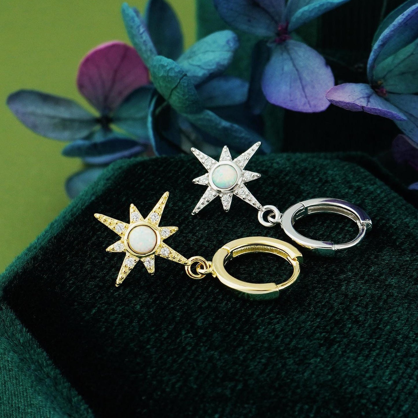 Pair of Opal Starburst Huggie Hoop Earrings in 925 Sterling Silver or 18ct Plated Gold