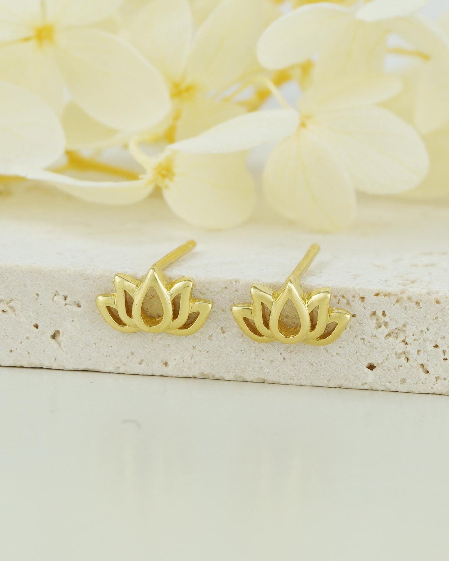 Pair of Tiny Lotus Flower Stud Earrings in 18ct Gold Plated over Sterling Silver