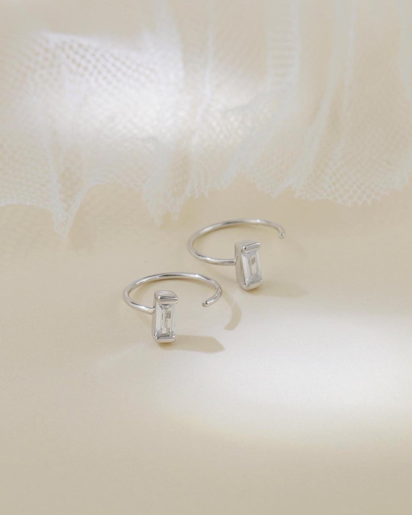 Pair of Tiny Baguette CZ Stone Sterling Silver Threader Earrings in Rhodium or 18ct Gold Plated, C Shape Open Hoop
