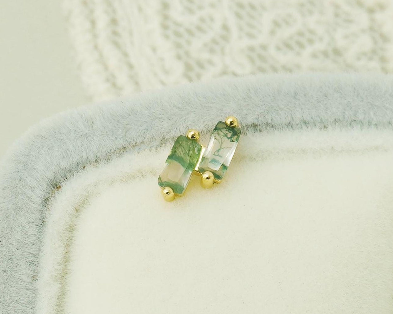 1 pc of Natural Green Moss Agate Double Baguette Stud Earring in Gold Plated over Sterling Silver, Cartilage Helix Lobe Piercing