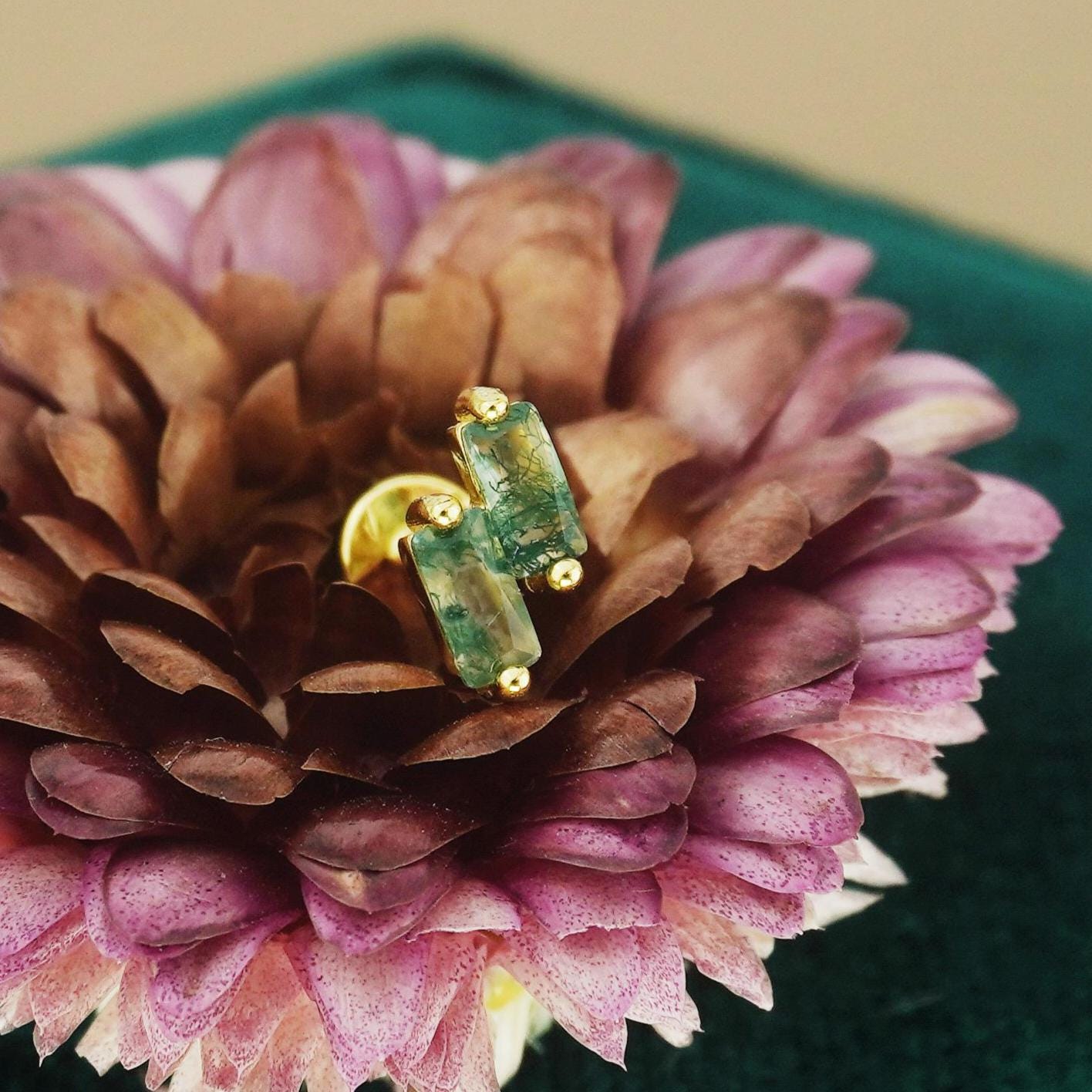 1 pc of Natural Green Moss Agate Double Baguette Stud Earring in Gold Plated over Sterling Silver, Cartilage Helix Lobe Piercing