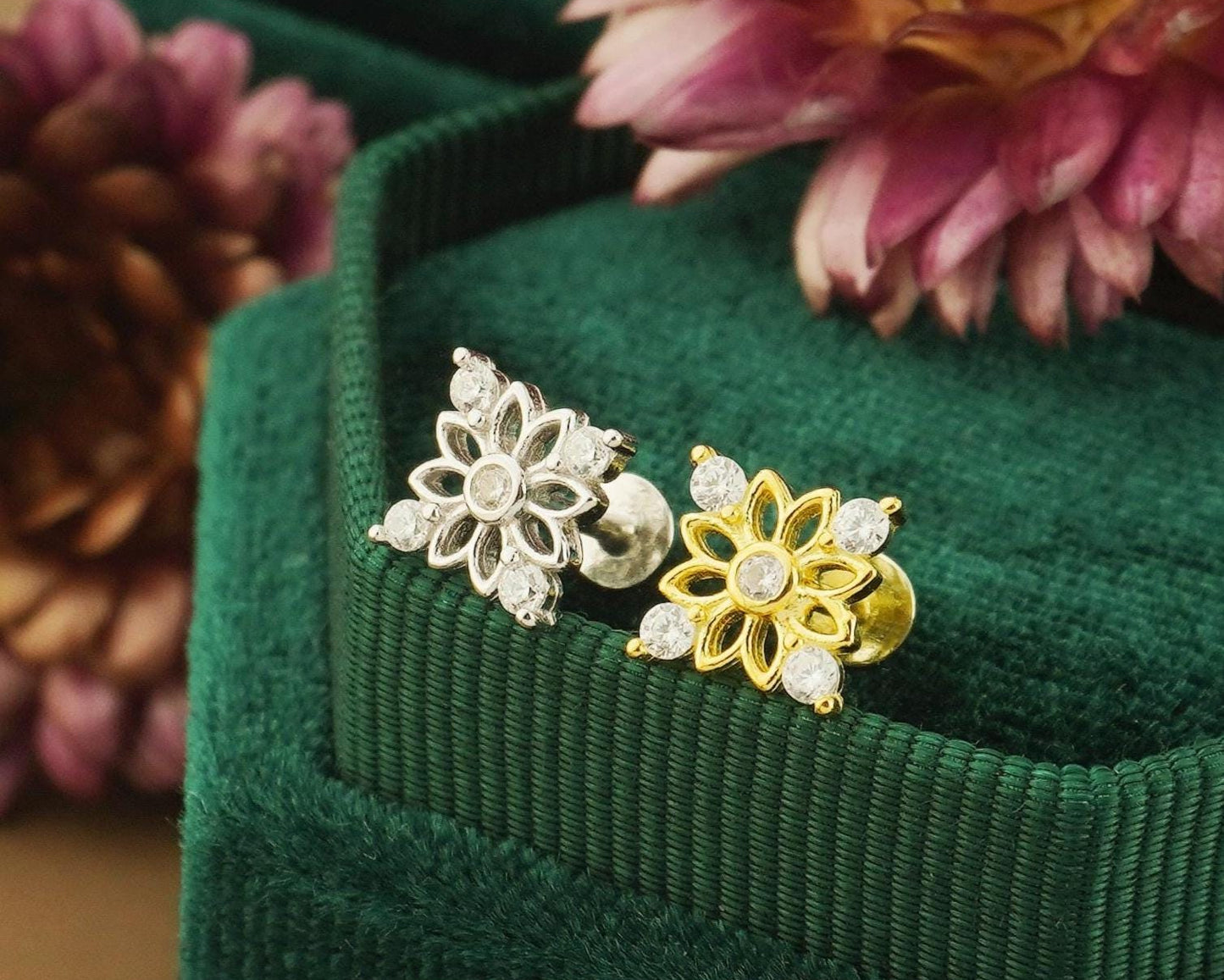 1 pc of Sterling Silver Floral Stud with CZ Design in Rhodium or 18ct Gold Plated, Flat Screw Back