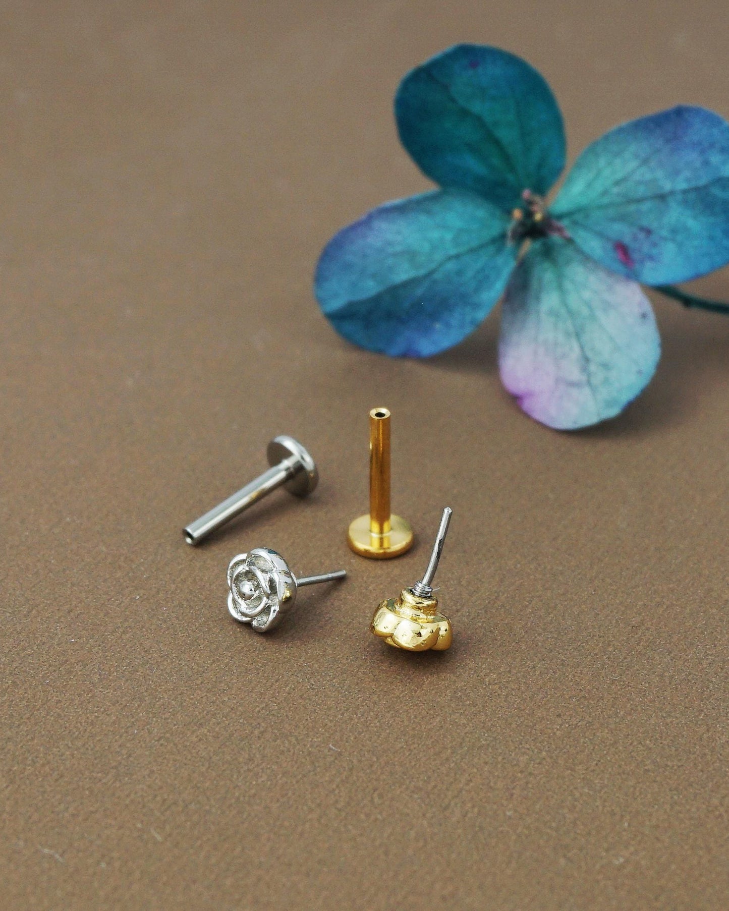 1 pc of Push Pin Flat Back Romantic Rose Floral Blossom Stud Earring in Stainless Steel or Golden Finish