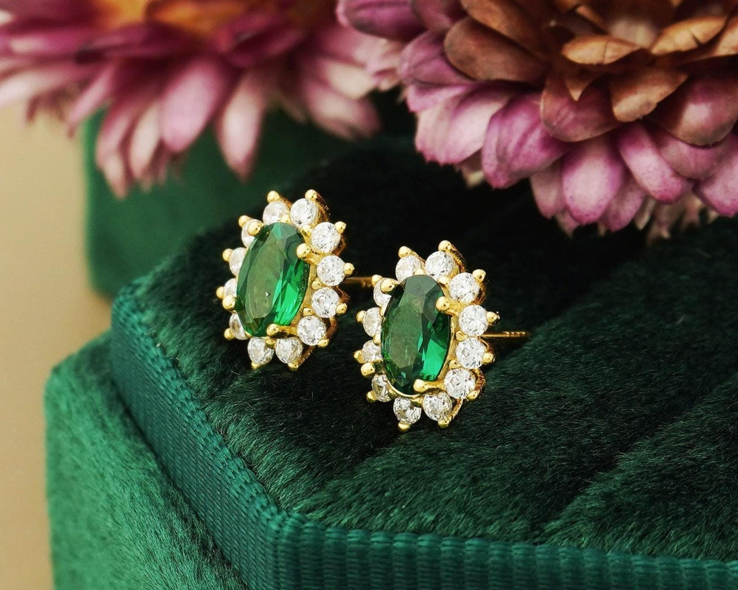 Pair of Halo Oval Emerald Green CZ Stud Earring in 14ct Gold Plated over Sterling Silver