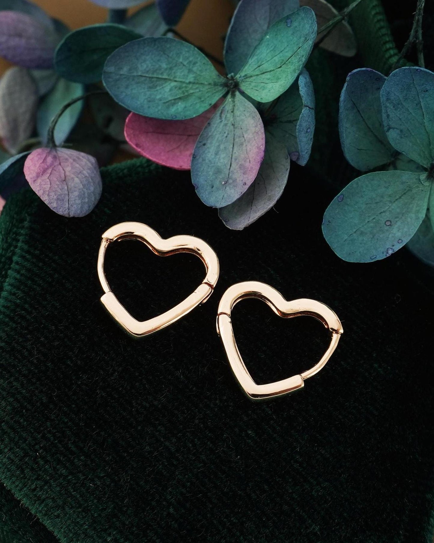 Pair of Minimal Love Heart Huggie Hoop Earrings in Brass Plated with Rhodium, Gold, Rose Gold