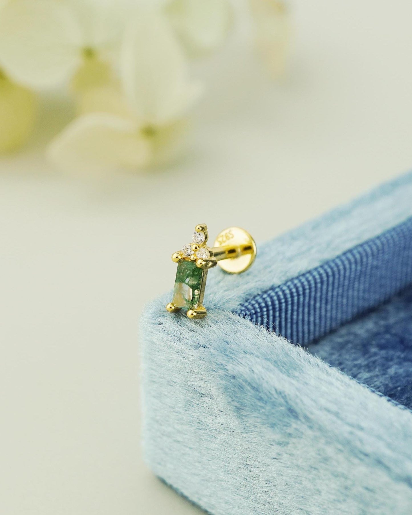 1 pc of Natural Green Moss Agate Baguette & CZ Flat Back Stud Earring in Gold Plated over Sterling Silver