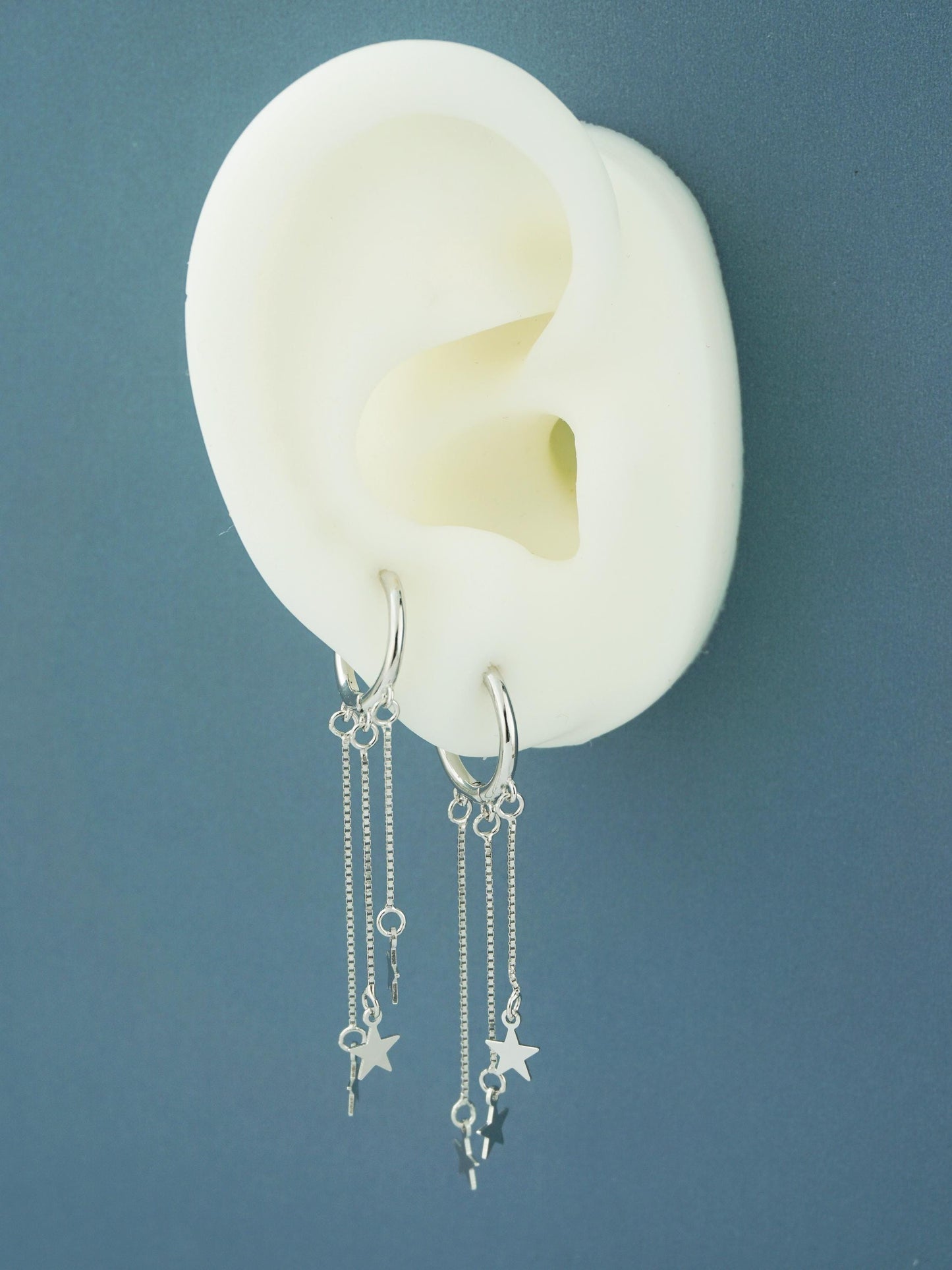 Pair of Trio Stars Huggie Hoop Earrings in Sterling Silver, Dangly Celestial Charm, Dainty Tassel Triple Chain Ear Jewelry