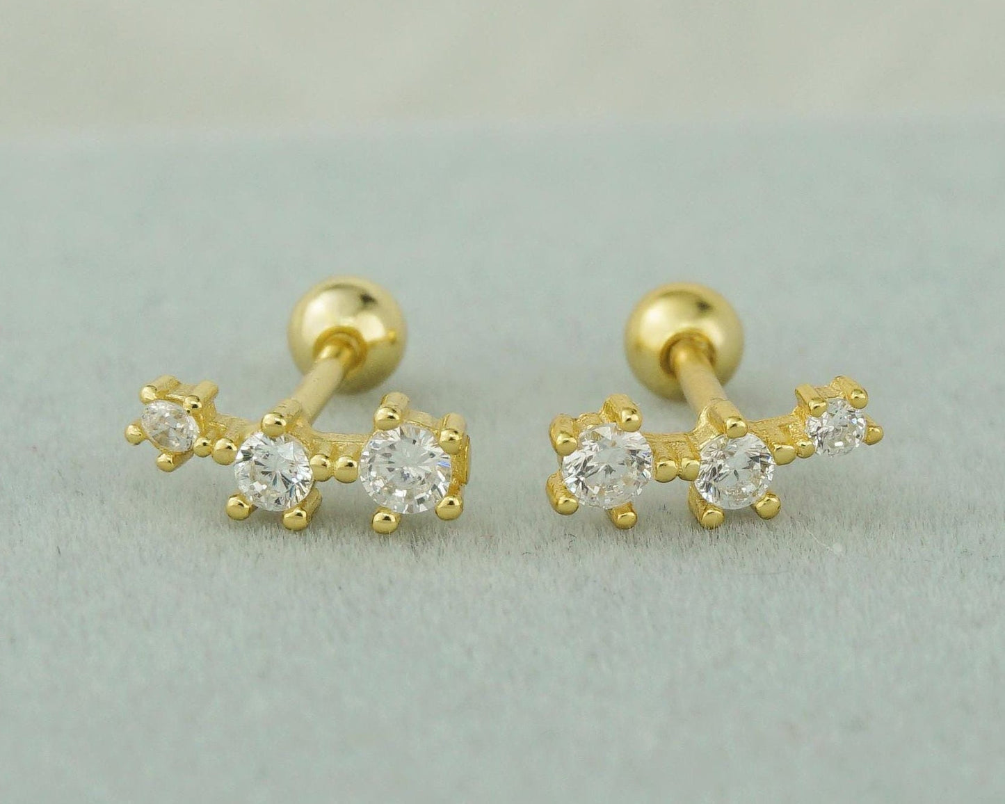 Pair of Tiny Sterling Silver Trio CZ Stud Earrings in Rhodium, Gold or Rose Gold Plated, Dainty Star Crawler with Screw Ball Back