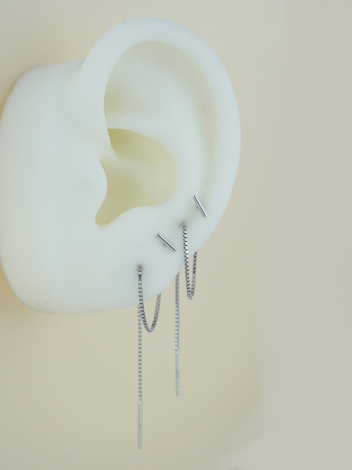 Pair of 5mm Short Bar Head Dangle Threader Earrings in Sterling Silver or Plated Gold, Dainty Dangly Chain, Minimal Delicate Ear Wire