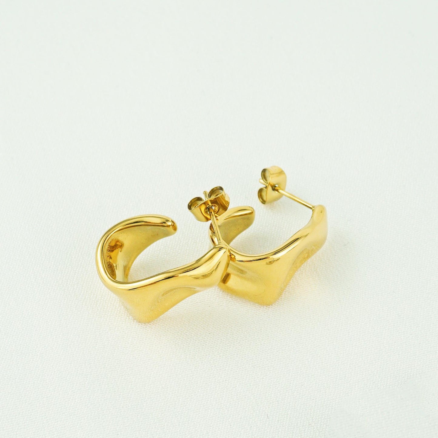 Pair of Stainless Steel Molten Chunk Melted Half Hoop Twisted Stud Earrings in Steel or Golden Finishes