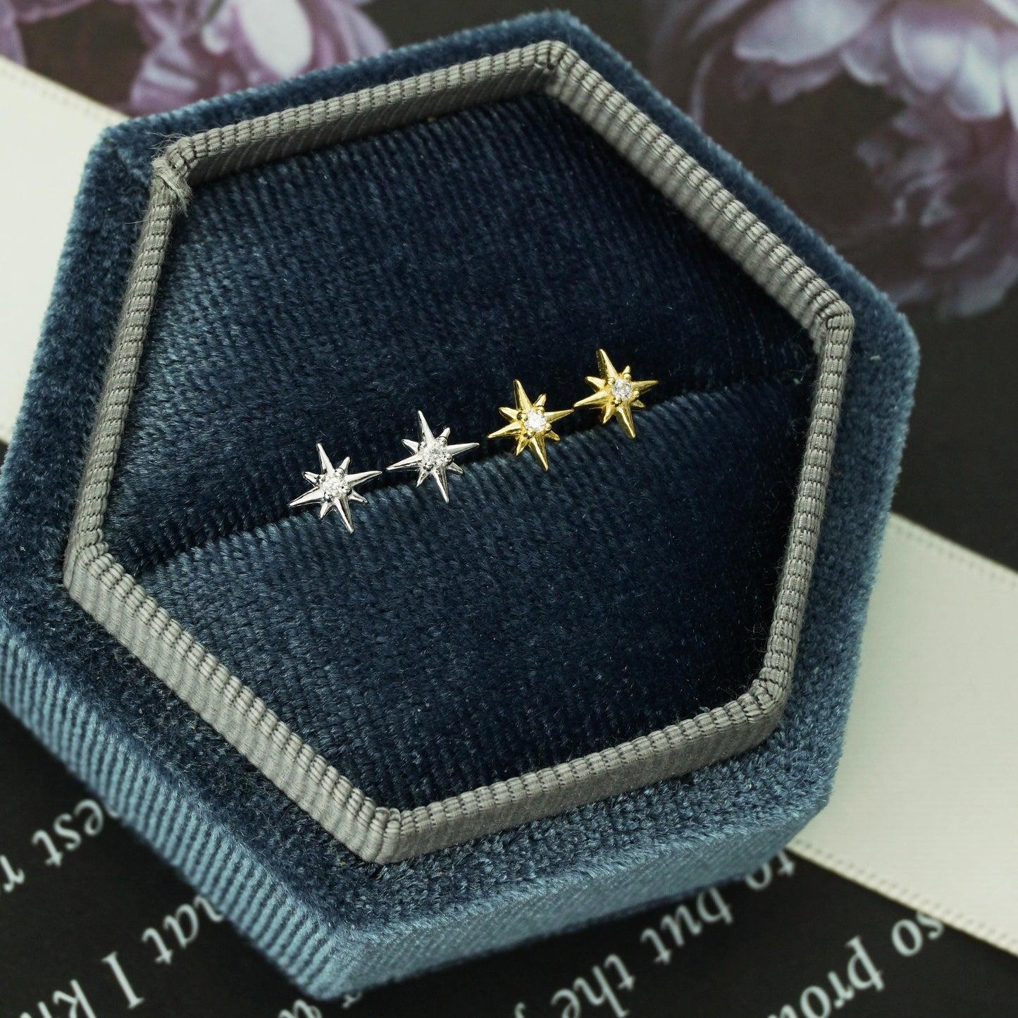 Pair of Starburst Stud Earrings in Sterling Silver or 18ct Plated Gold with CZ Crystal