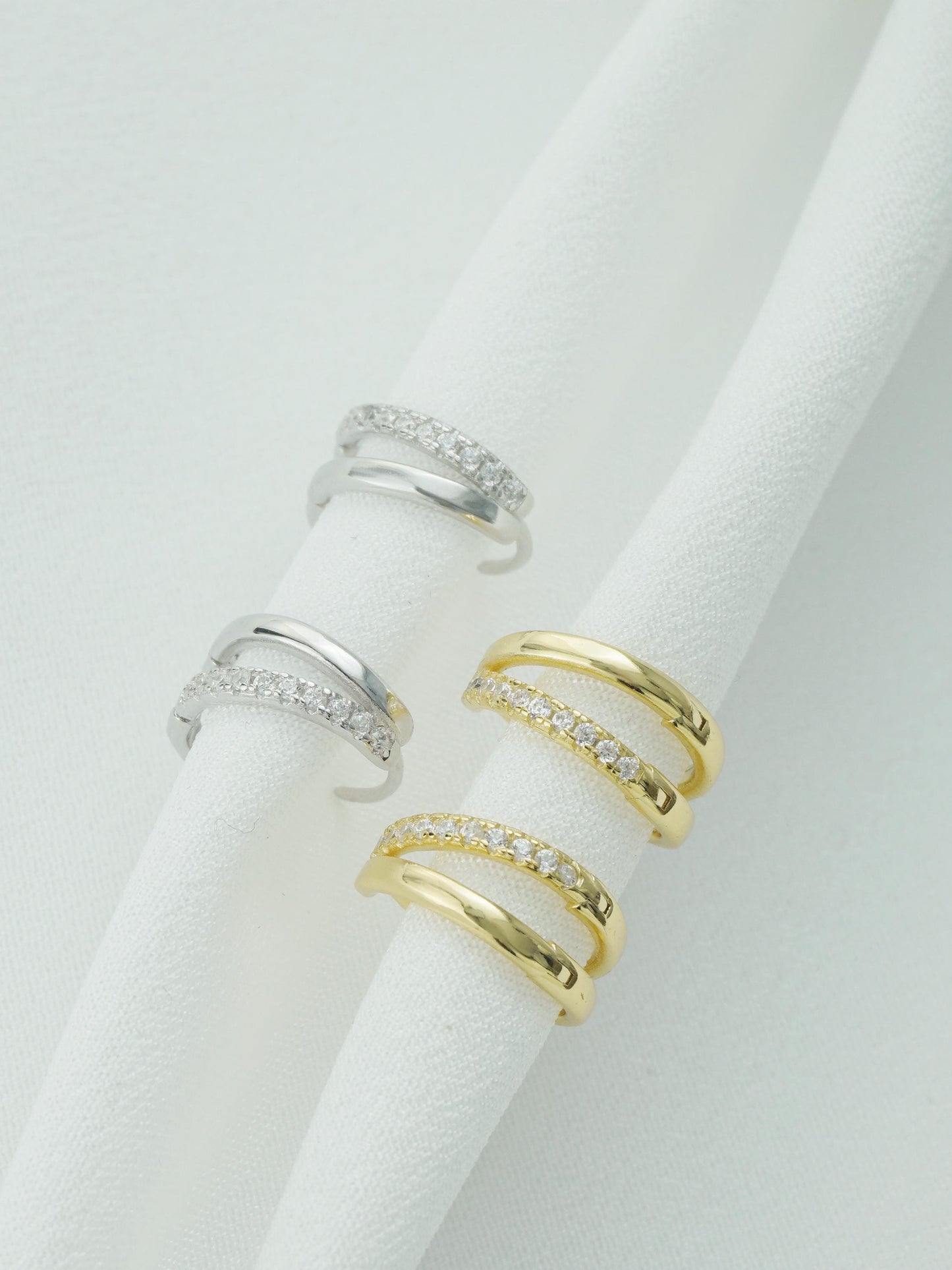 Pair of Duo Asymmetric Ring Huggie Hoop Earrings in S925 Sterling Silver or 18ct Plated Gold