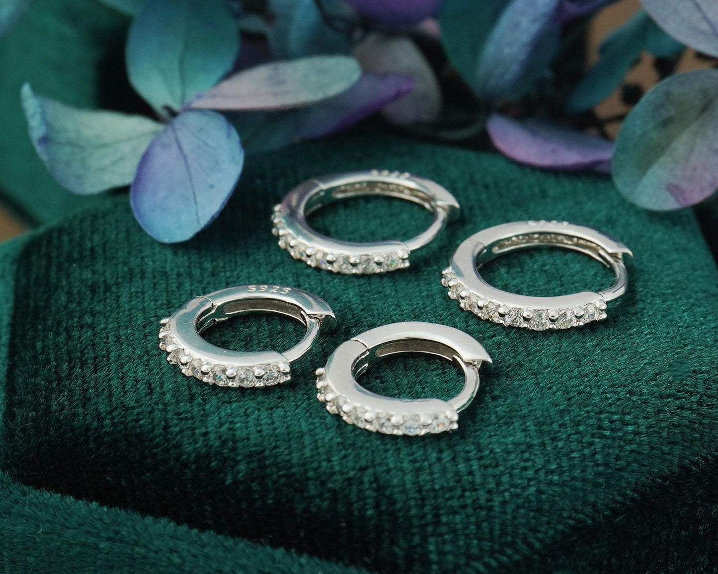 Pair of Skinny CZ Paved Huggie Hoop Earrings in 2 Sizes, Rhodium Plated over Solid Sterling Silver