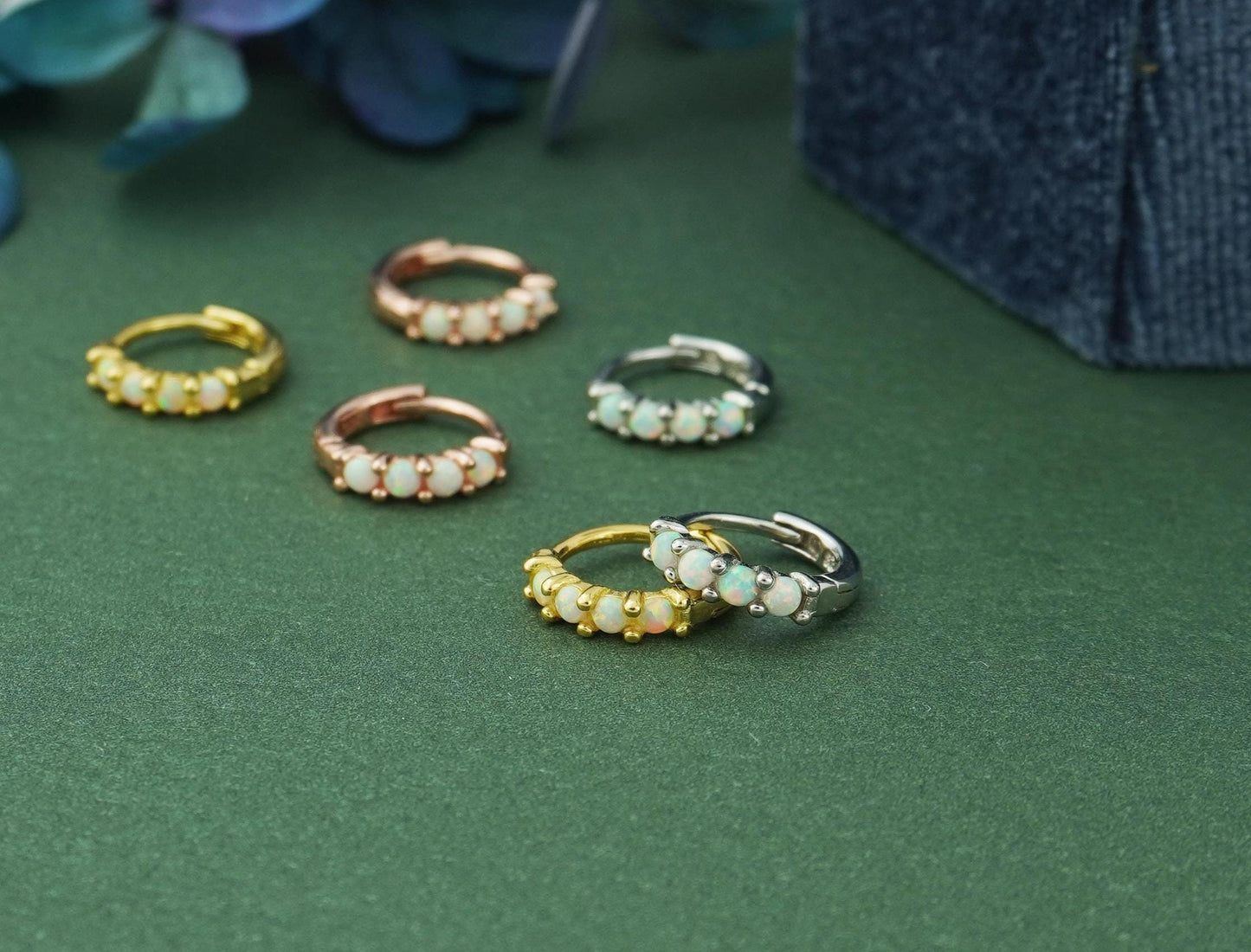 Pair of Elegant Opal Gemstone Huggie Hoop Earrings in Sterling Silver, 18ct Gold or Rose Gold