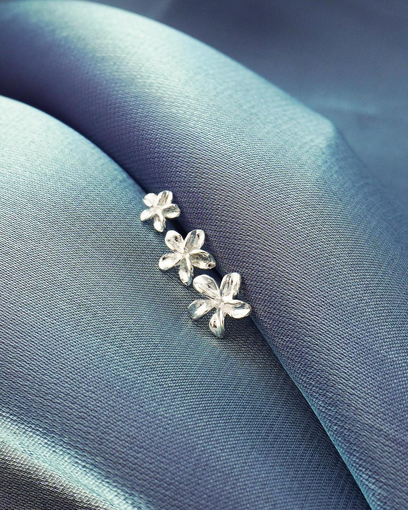 Pair of Tiny Plumeria Flower Stud Earrings in Sterling Silver, 3 Sizes Available