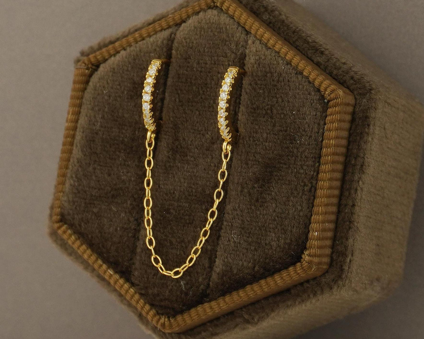 1 pc of Duo Hoop Earring with Dangly Link Chain in Sterling Silver or 18ct Gold Plated, Dainty CZ Crystal Paved Jewelry