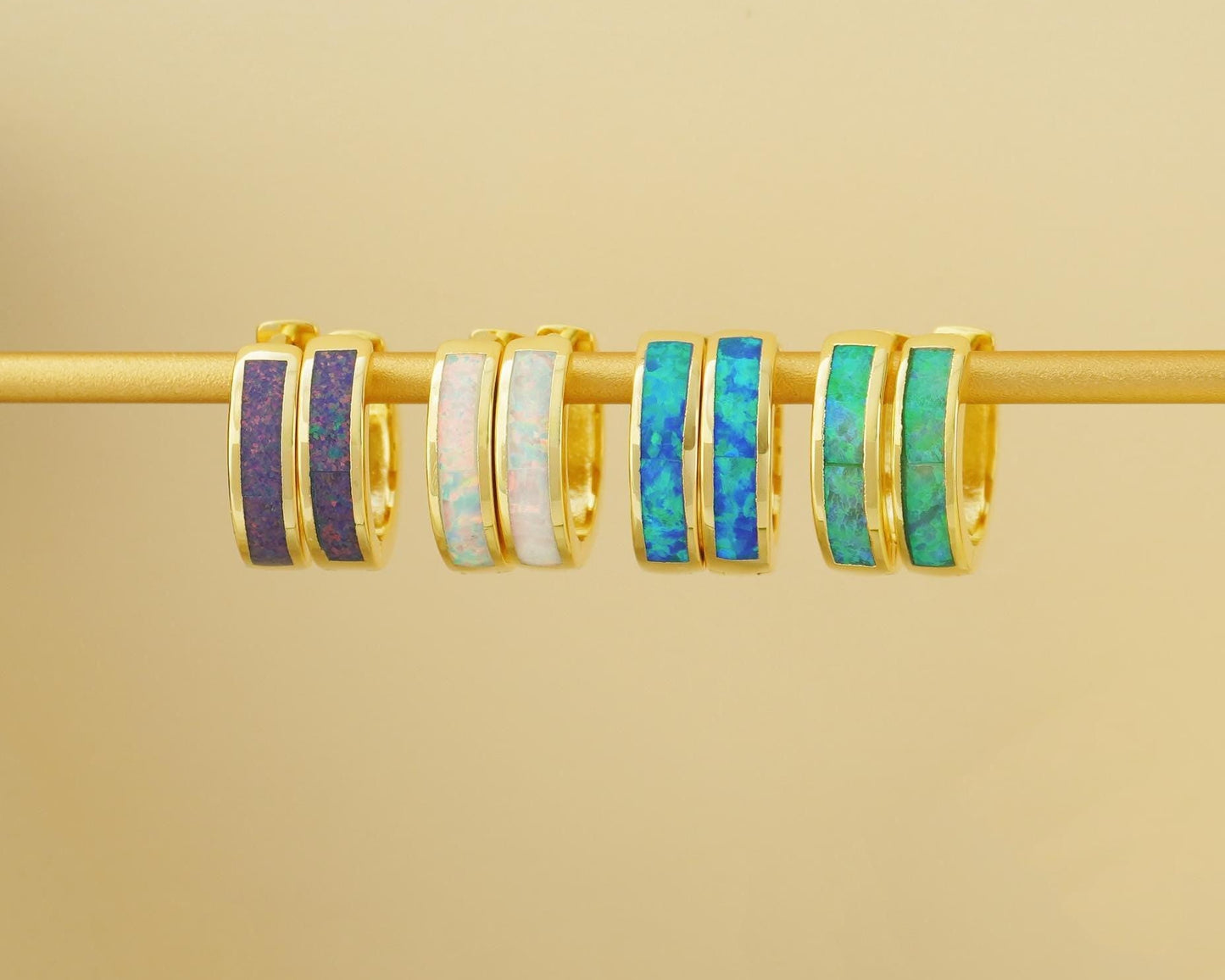 Pair of Elegant Opal Inlay Huggie Hoop Earrings in Rhodium Plated Brass, Purple, Blue, Green or White Stone