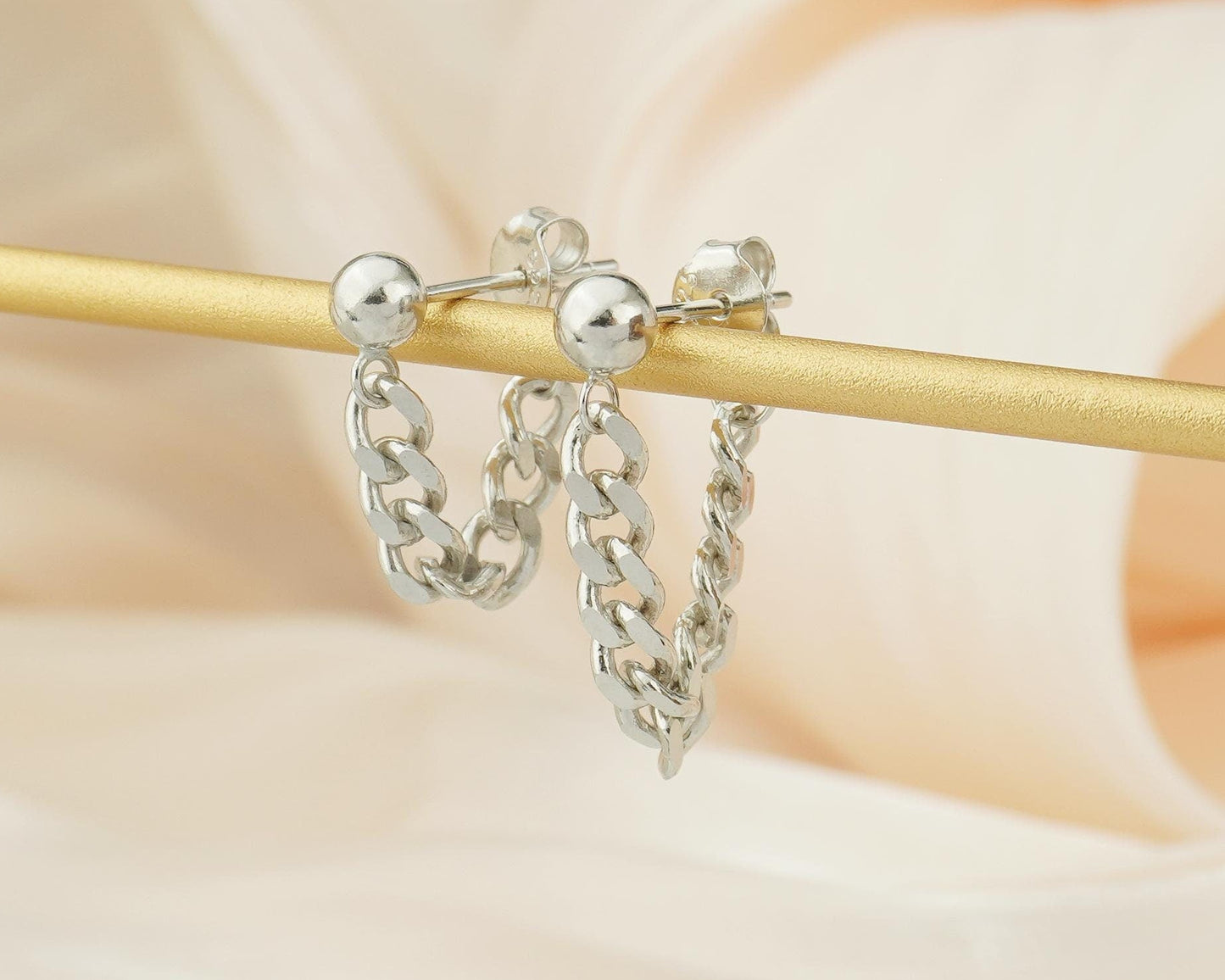 1 pc of Sterling Silver Chunky Bold Curb Chain Stud Earring, Front & Back Minimal Ear Jacket, Cuban Drop Tassel Lobe Piercing, Available in 3cm and 4cm