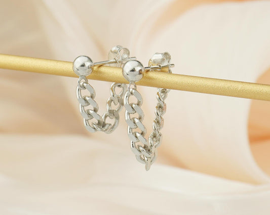 1 pc of Sterling Silver Chunky Bold Curb Chain Stud Earring, Front & Back Minimal Ear Jacket, Cuban Drop Tassel Lobe Piercing, Available in 3cm and 4cm