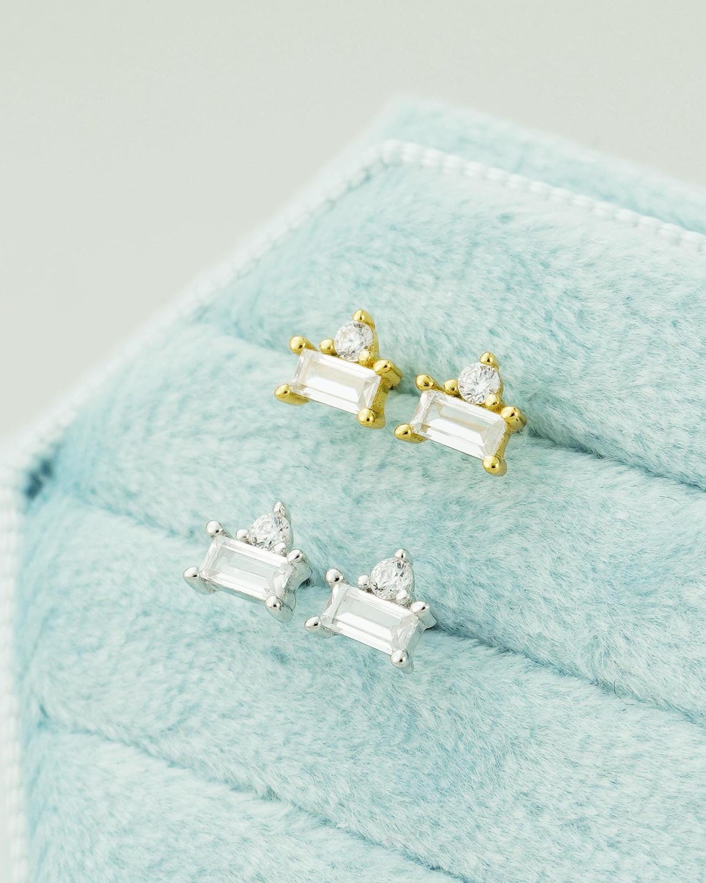 Pair of CZ Sterling Silver Stud Earrings in Rhodium or 18ct Gold Plated, Brilliant Cut & Baguette Duo Stacked Stone