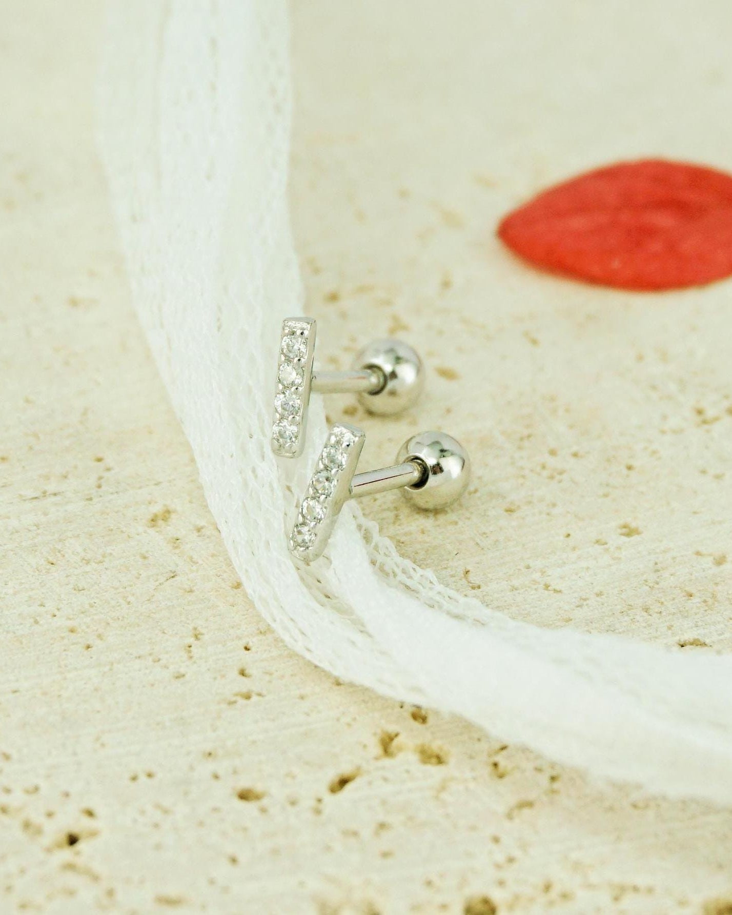 Pair of VERY TINY Paved Bar Sterling Silver Stud Earrings in Silver or Plated Gold, Sparkly CZ Stones, Simple Screw Ball Back