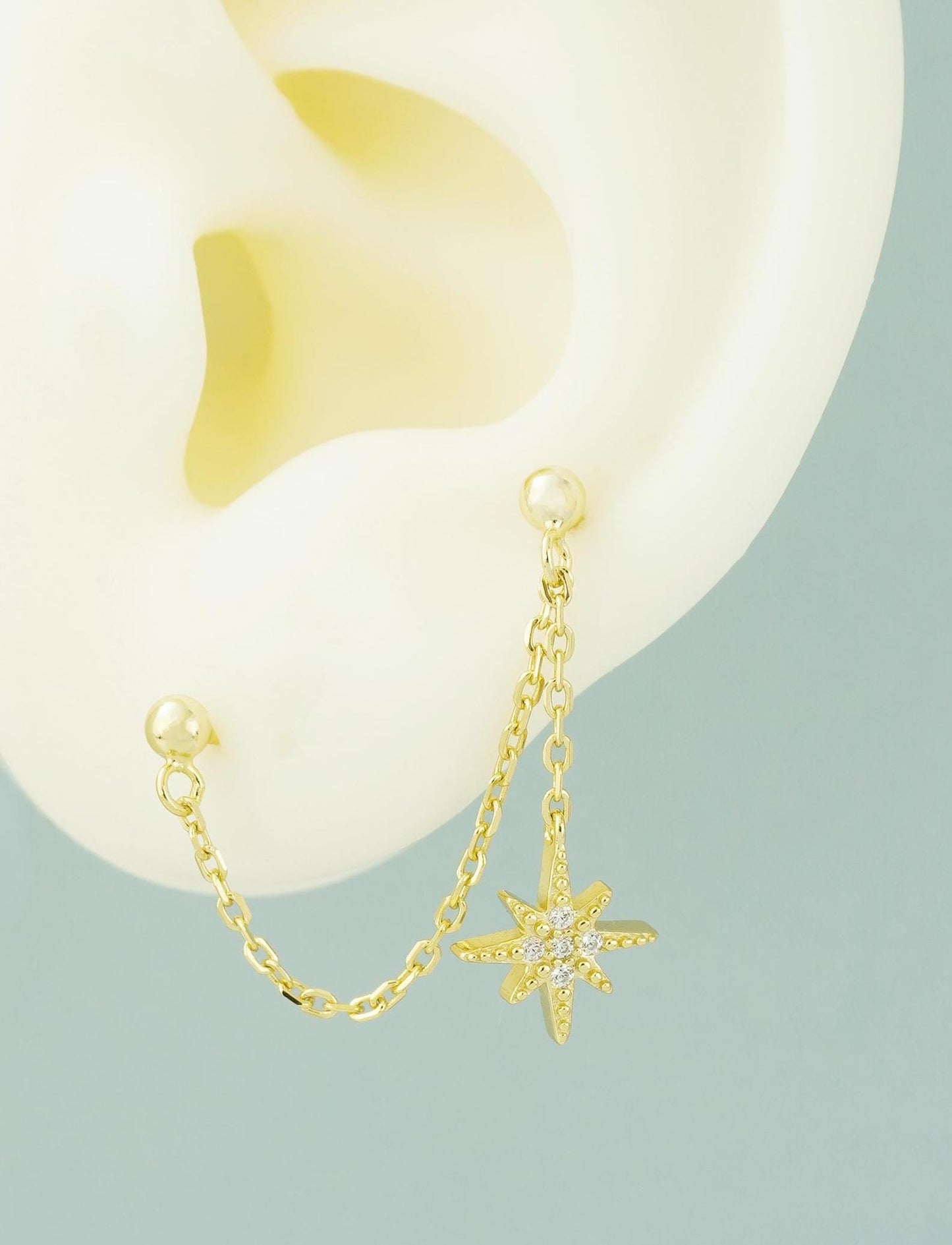 1 pc of Starburst Stud Earring in Sterling Silver or 14ct Gold Plated, Dangly Sparkly CZ Star with Drop Chain