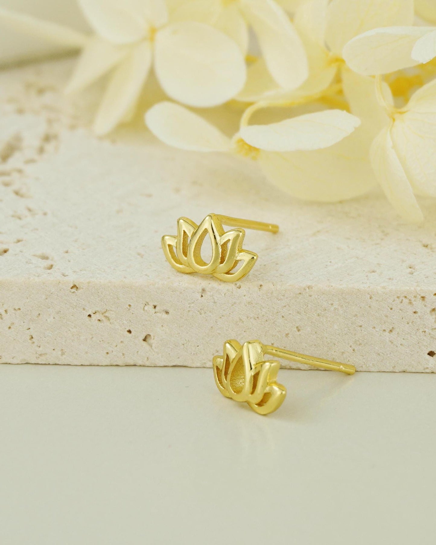Pair of Tiny Lotus Flower Stud Earrings in 18ct Gold Plated over Sterling Silver