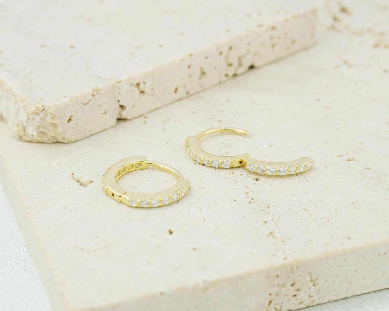 Pair of Skinny CZ Paved Huggie Hoop Earrings, Gold or Rhodium Plated over Sterling Silver, Front & back Design, available in 4 Sizes