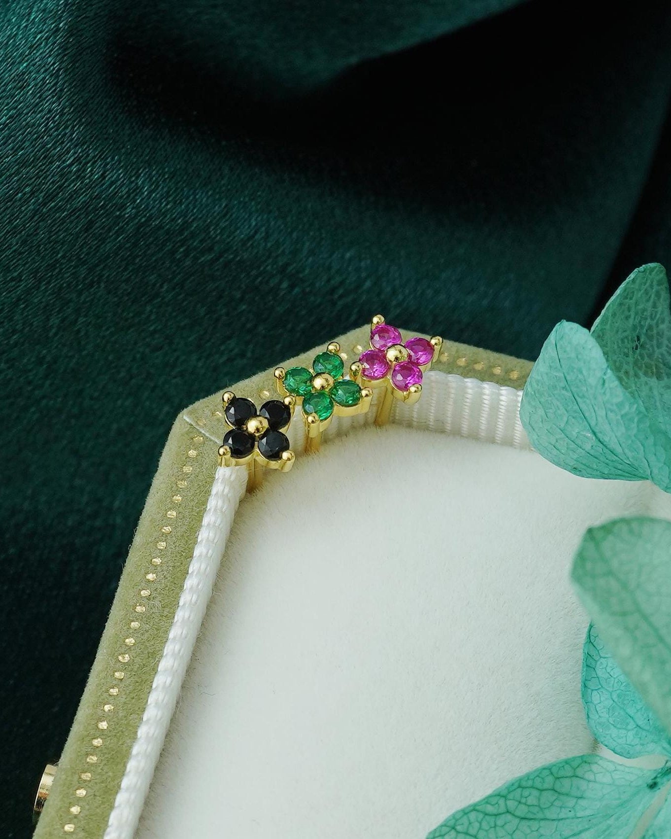 Pair of Tiny Quartet CZ Stud Earrings in Sterling Silver / Gold, Sparkly Hydrangea Flower in Emerald, Onyx, Ruby