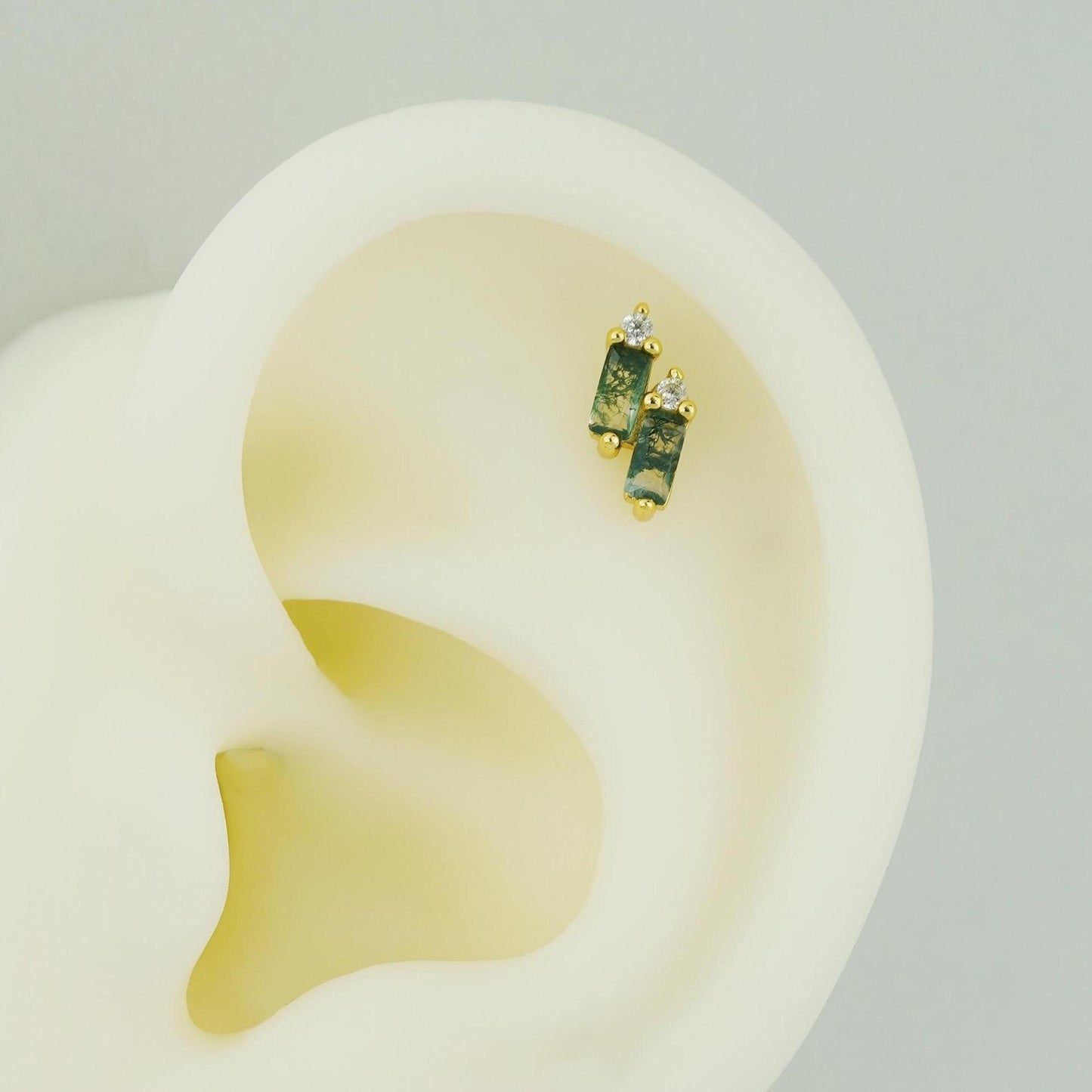 1 pc of Natural Green Moss Agate Double Baguette Stud Earring in Gold Plated over Sterling Silver