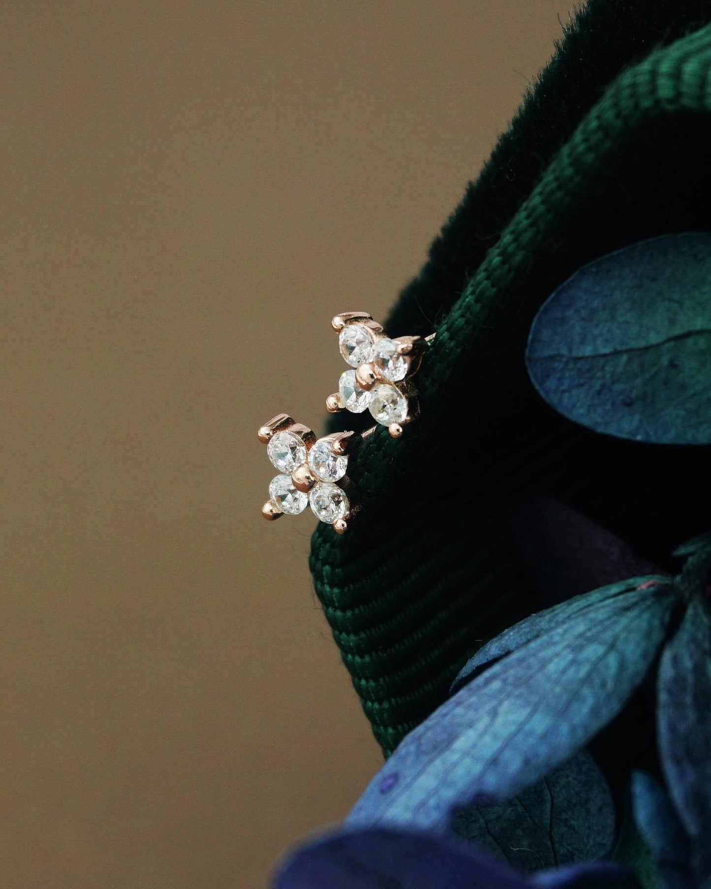 Pair of Tiny Quartet CZ Stud Earrings in Sterling Silver, Gold or Rose Gold Finish, Sparkly Hydrangea Flower Ear Lobe Piercing