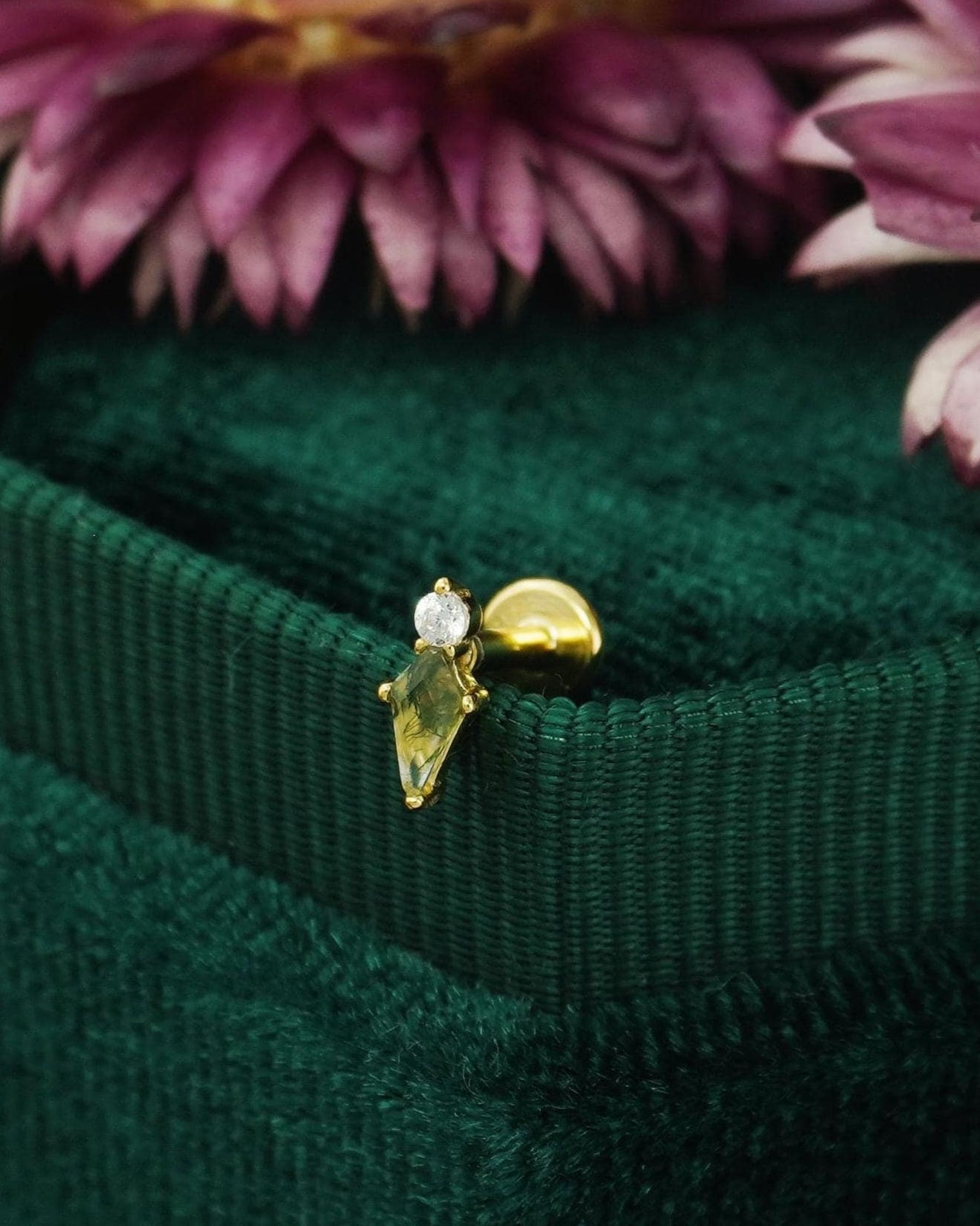 1 pc of Natural Green Moss Agate Kite Shape Flat Back Stud Earring in Gold Plated over Sterling Silver, Helix Tragus Cartilage Piercing Jewelry