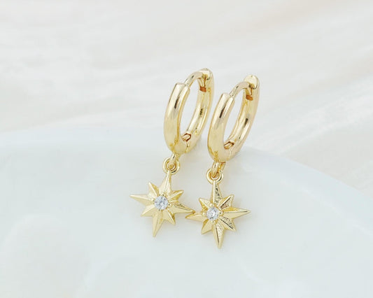 Pair of Starburst Huggie Hoop Earrings in Gold Plated Brass, Sunburst Charm with Sparkly CZ