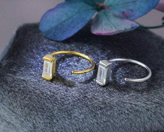 Pair of Tiny Baguette CZ Stone Sterling Silver Threader Earrings in Rhodium or 18ct Gold Plated, C Shape Open Hoop
