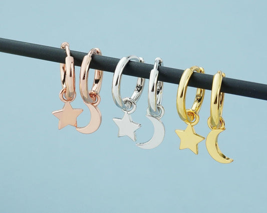 Pair of Dangly Star & Crescent Moon Huggie Hoop Earrings in Sterling Silver, Gold or Rose Gold Plated