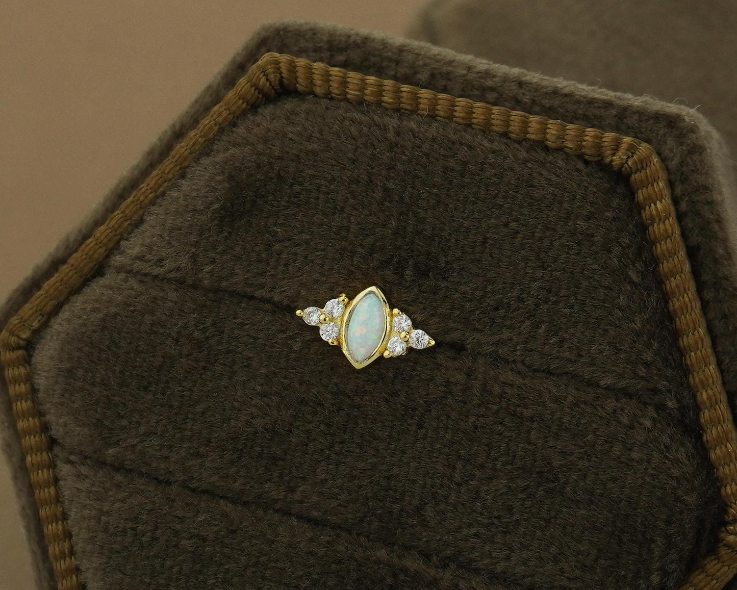 1 pc of Marquise Opal Stud Earring with Sparkly CZ Gem in 18ct Gold Plated over Sterling Silver, Lobe Tragus Cartilage Piercing Jewelry