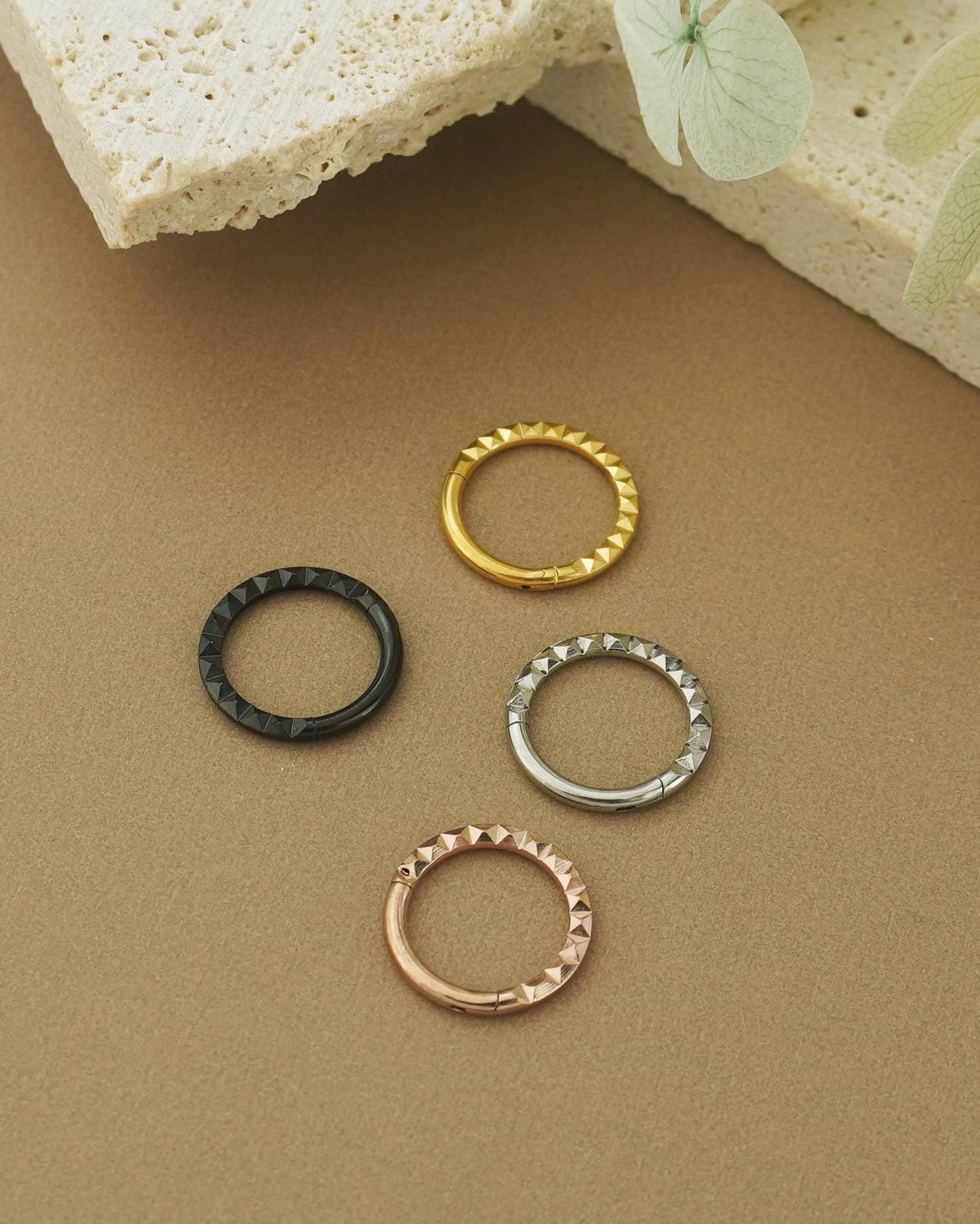 1 pc of 16G Hinged Stainless Steel Square/Pyramid Cut Daith Earring Hoop, 4 Finishes, Helix Cartilage Clicker, Front-Facing Septum Nose Ring