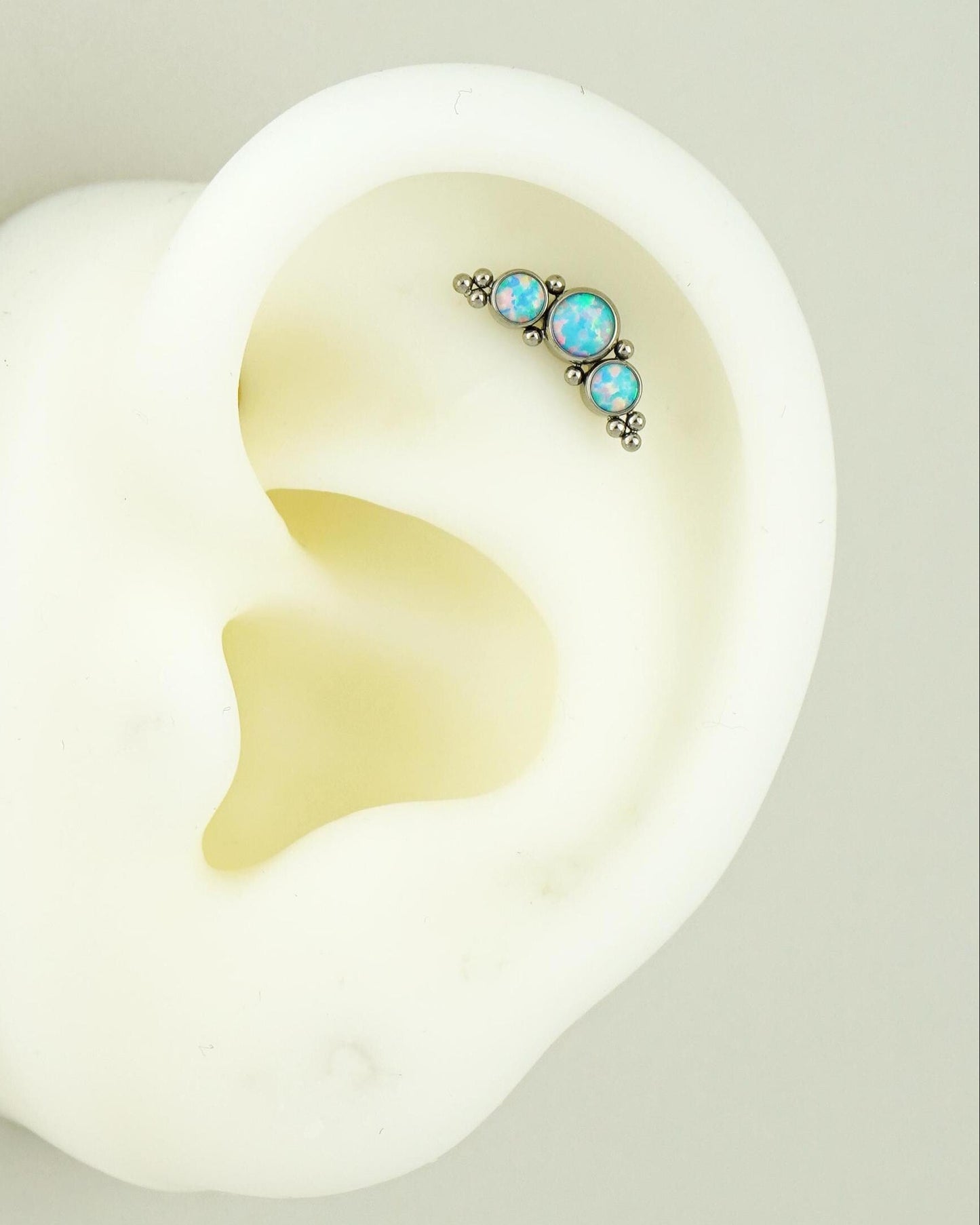 1 pc of Stainless Steel Opal Trio Stud Earring with Flat Screw Back, 3 Gem Cluster in Azure, Pacific Blue or White Stone