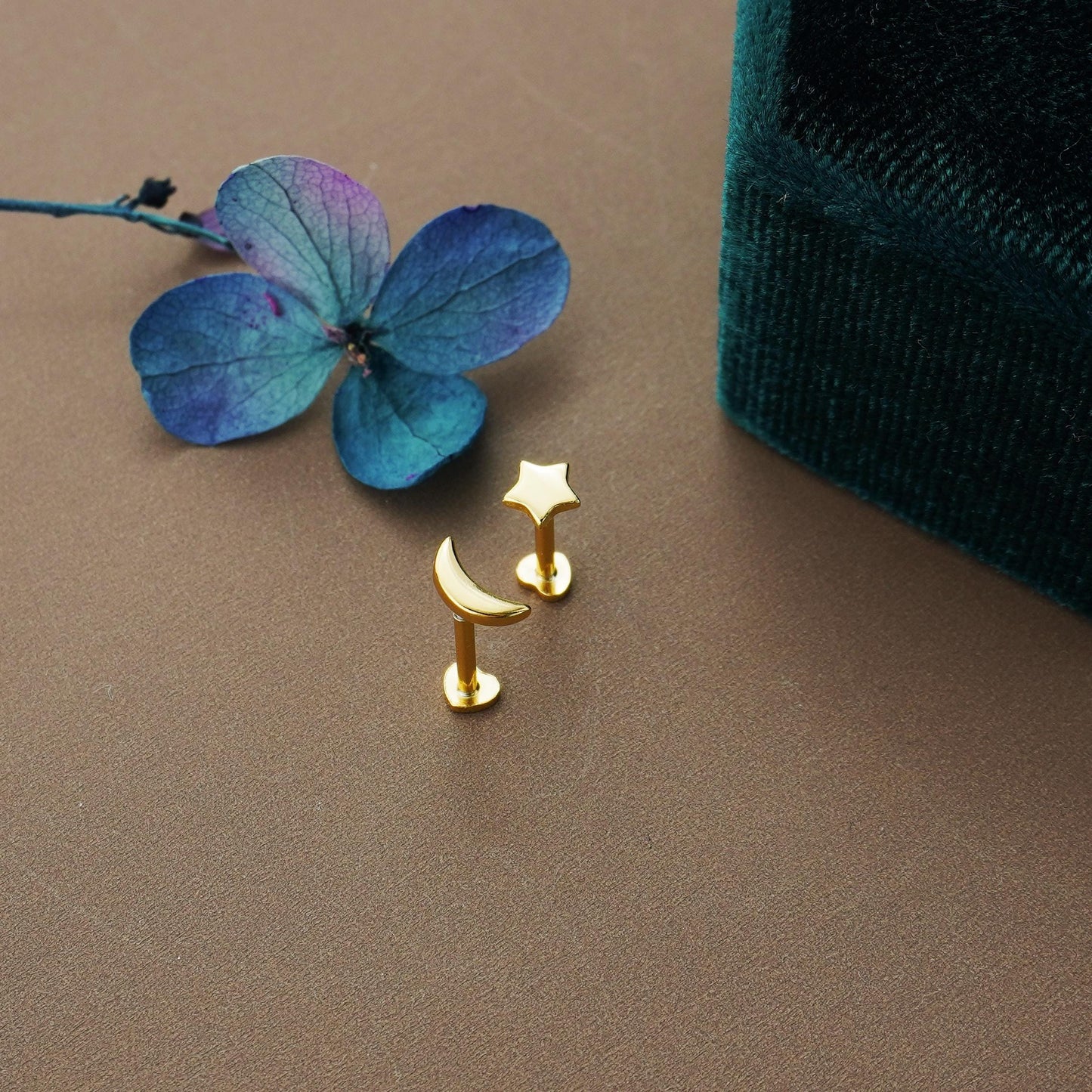 Pair of Sterling Silver Tiny Crescent Moon & Star Stud Earrings in Silver or Plated Gold